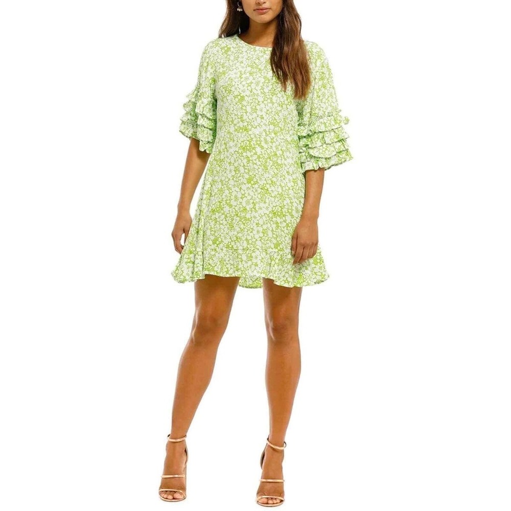 Faithfull the Brand Serafina Freja Green Floral Ruffle Sleeve Mini Dress Size XS